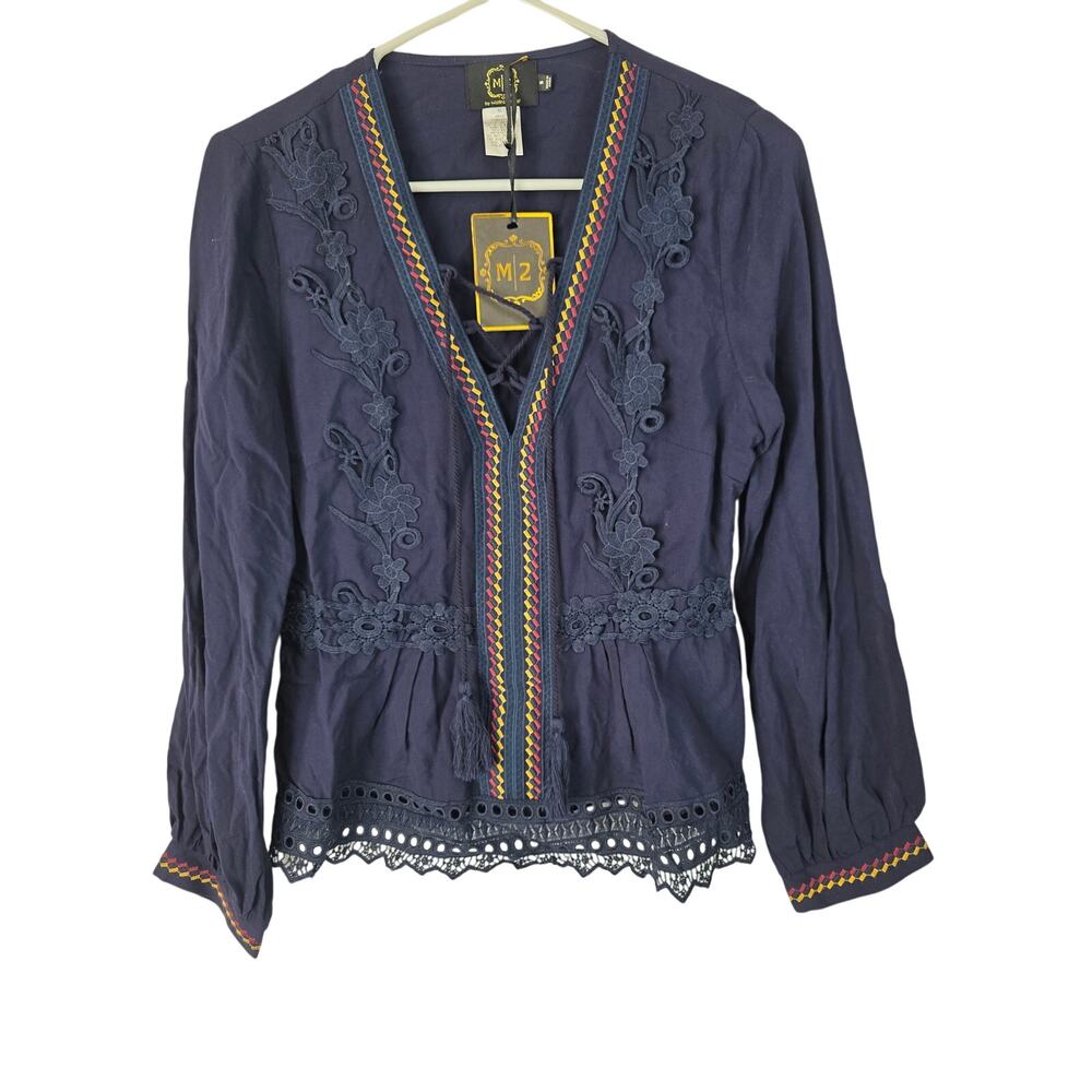 Mooha Cottage Core Top S Womens Blue Embroidered Boho Coquette Long Sleeve NWT